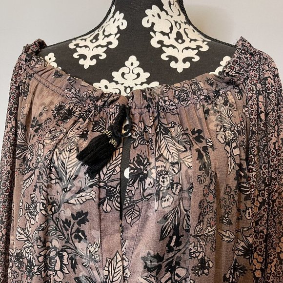 Free People Hendrix Floral Boho Sheer Peasant Blouse medium off shoulder Hippie - Picture 4 of 8